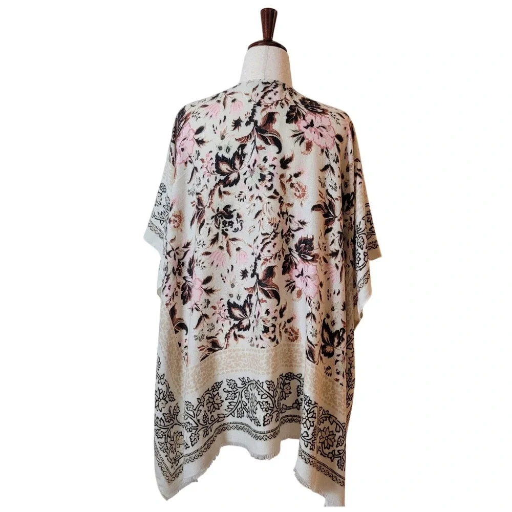 Nine West Rayon shawl Wrap Pink Floral womens OS Boho fringe dressy Casual Scarf
